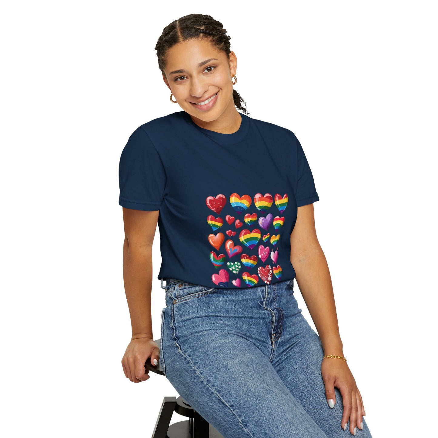 Rainbow Hearts Pride T-Shirt | LGBTQ+ Love & Inclusivity Tee – Vibrant Heart Design