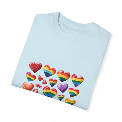 Rainbow Hearts Pride T-Shirt | LGBTQ+ Love & Inclusivity Tee – Vibrant Heart Design