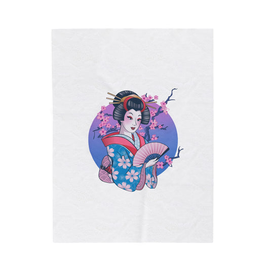 Elegant Geisha Art Blanket | Japanese Cherry Blossom Plush Velveteen Throw