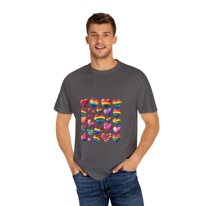 Rainbow Hearts Pride T-Shirt | LGBTQ+ Love & Inclusivity Tee – Vibrant Heart Design