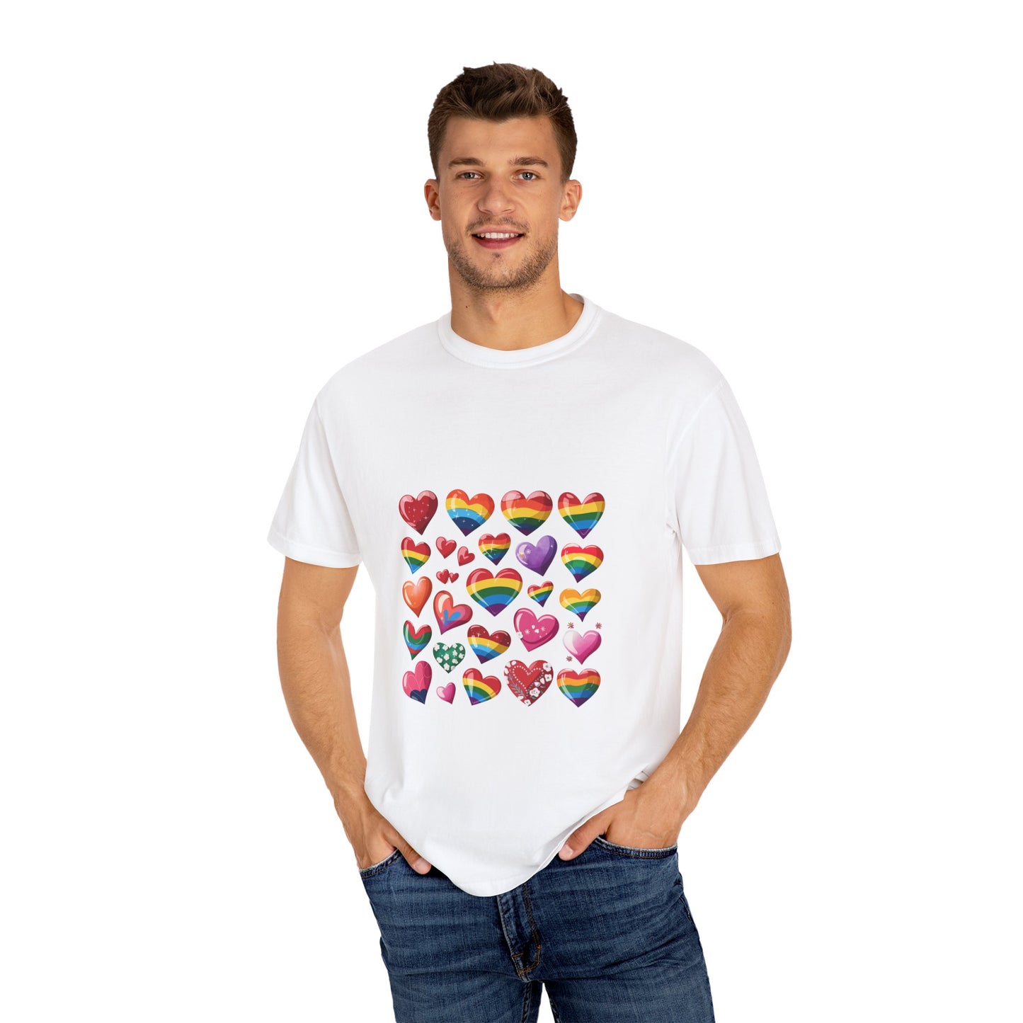 Rainbow Hearts Pride T-Shirt | LGBTQ+ Love & Inclusivity Tee – Vibrant Heart Design