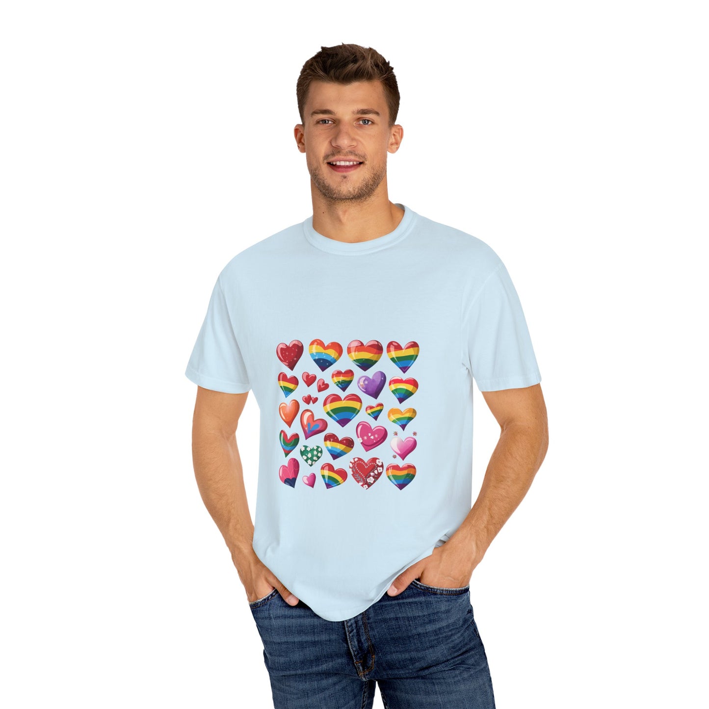 Rainbow Hearts Pride T-Shirt | LGBTQ+ Love & Inclusivity Tee – Vibrant Heart Design