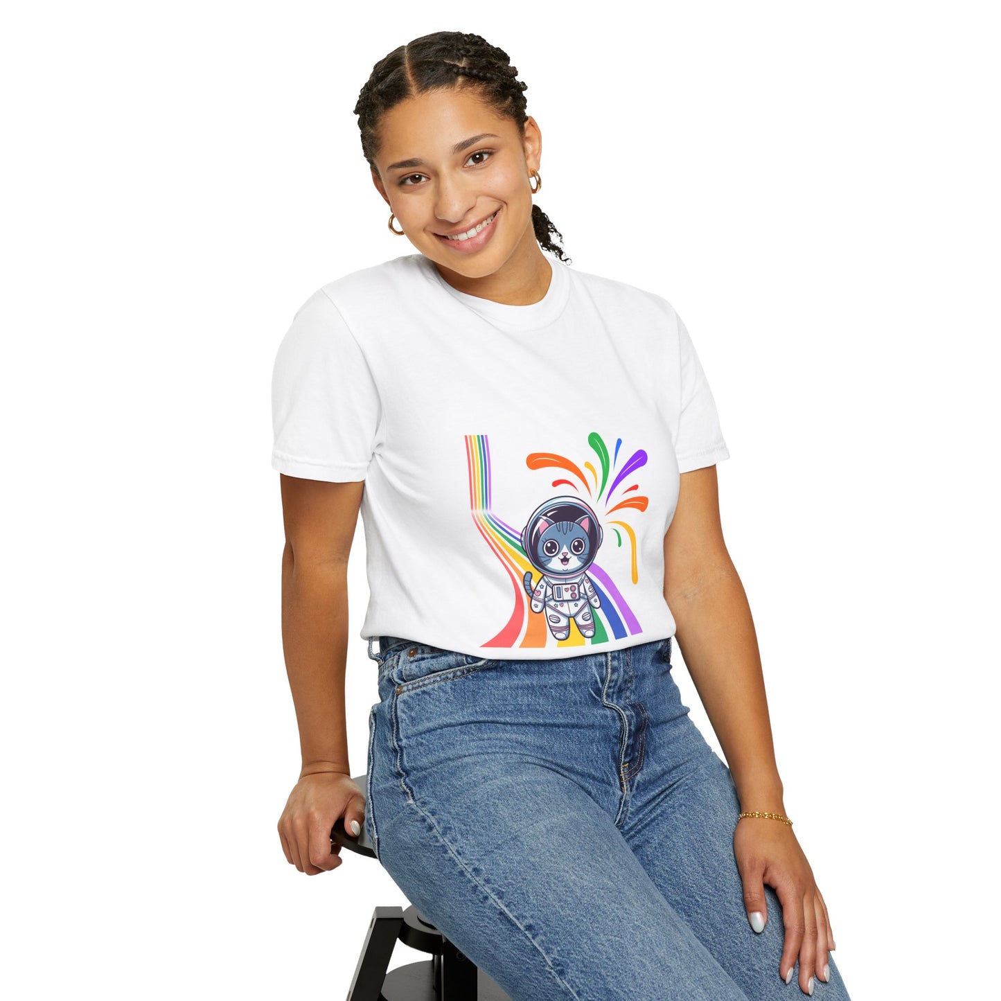 Astronaut Cat Pride T-Shirt | Cosmic Rainbow Space Kitty Tee