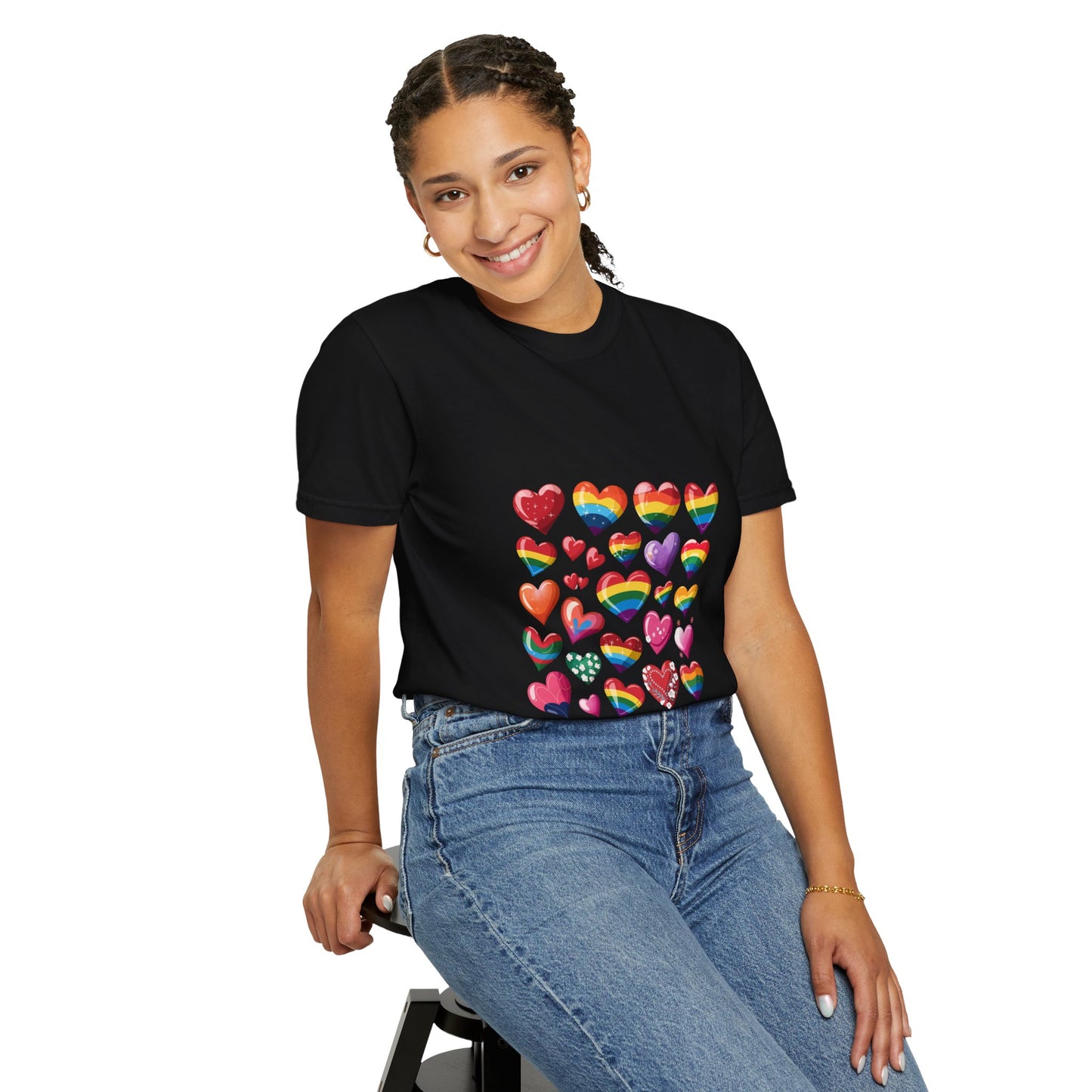 Rainbow Hearts Pride T-Shirt | LGBTQ+ Love & Inclusivity Tee – Vibrant Heart Design