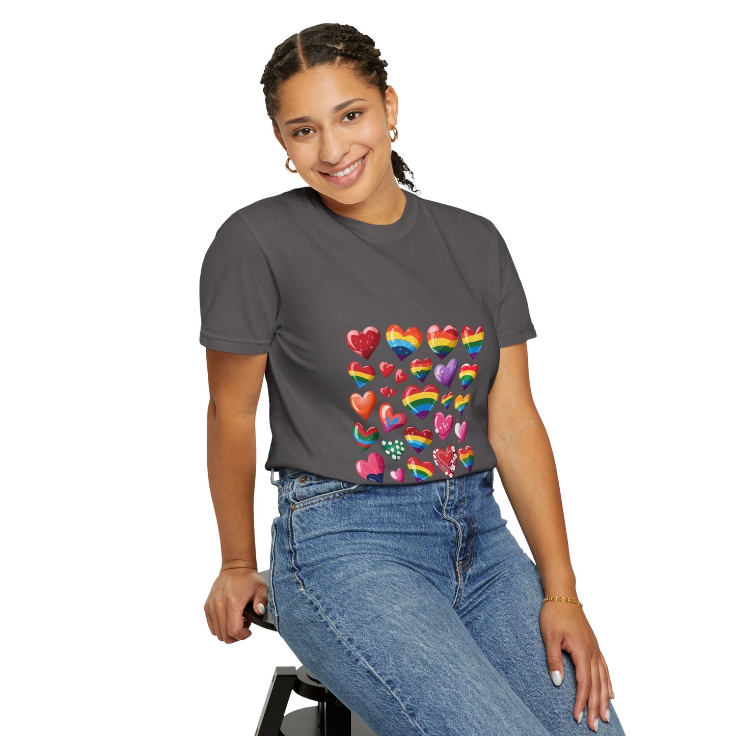 Rainbow Hearts Pride T-Shirt | LGBTQ+ Love & Inclusivity Tee – Vibrant Heart Design