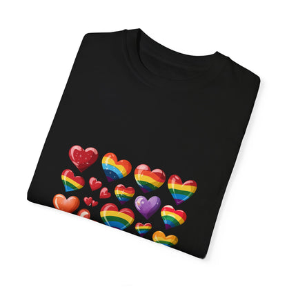 Rainbow Hearts Pride T-Shirt | LGBTQ+ Love & Inclusivity Tee – Vibrant Heart Design