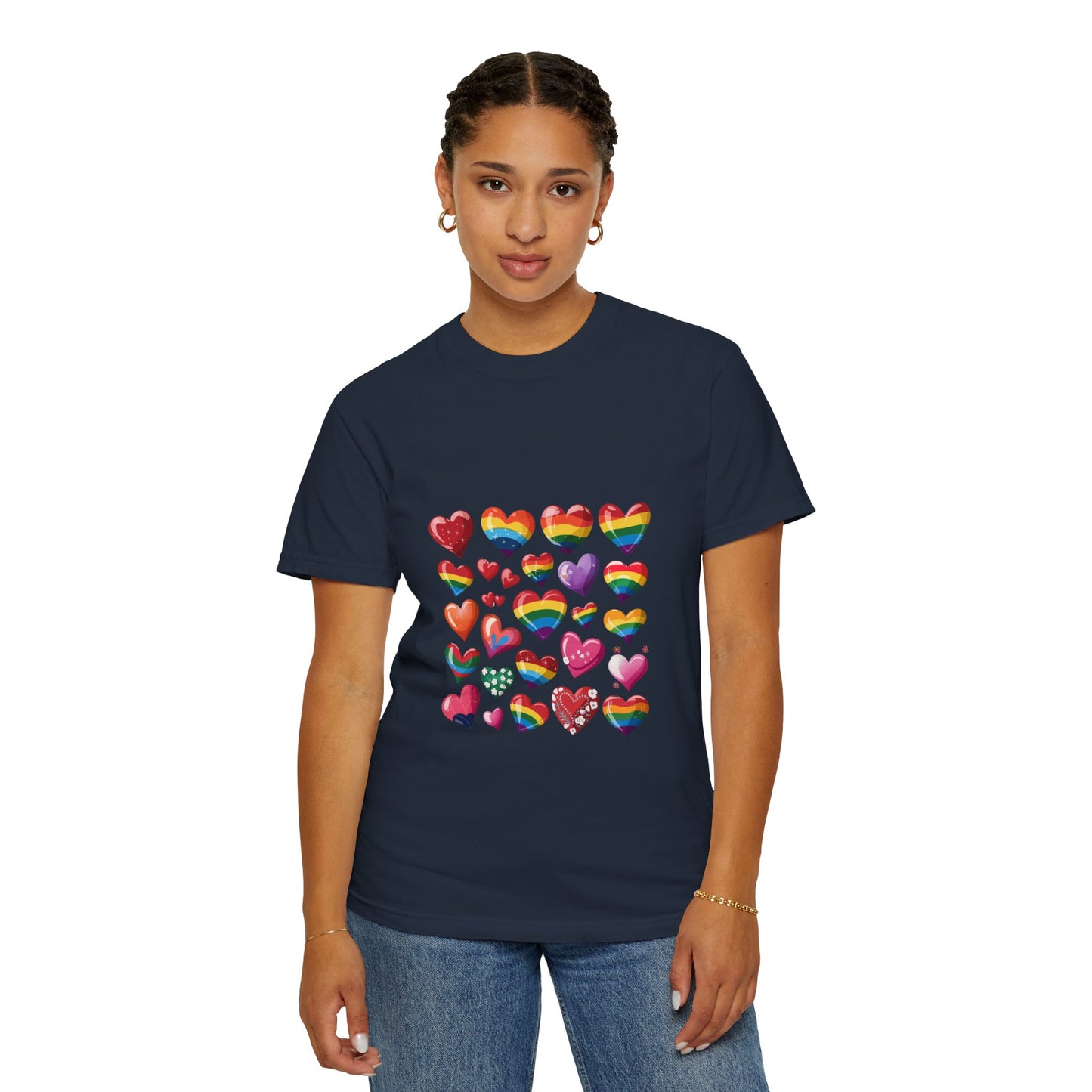 Rainbow Hearts Pride T-Shirt | LGBTQ+ Love & Inclusivity Tee – Vibrant Heart Design