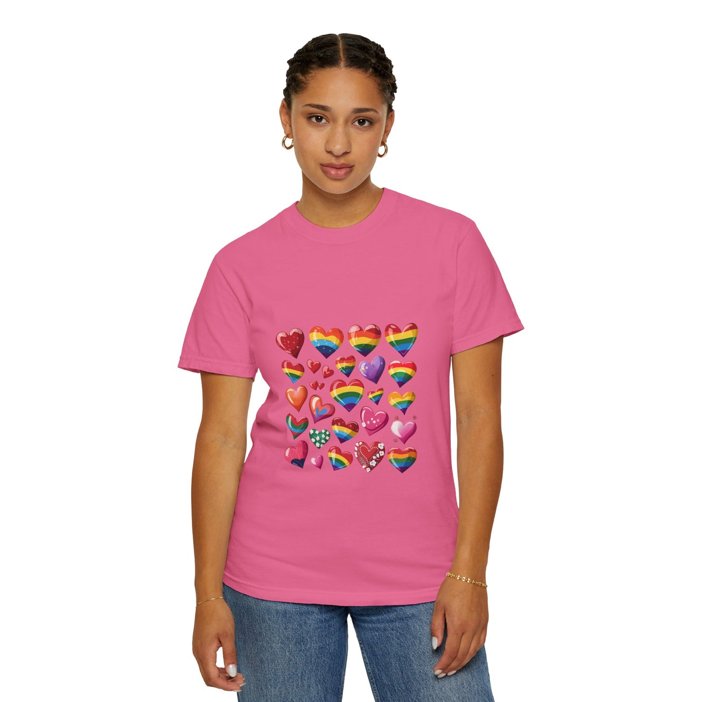 Rainbow Hearts Pride T-Shirt | LGBTQ+ Love & Inclusivity Tee – Vibrant Heart Design