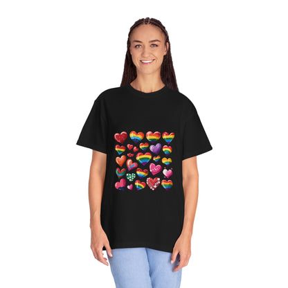 Rainbow Hearts Pride T-Shirt | LGBTQ+ Love & Inclusivity Tee – Vibrant Heart Design