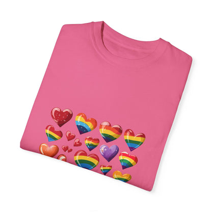 Rainbow Hearts Pride T-Shirt | LGBTQ+ Love & Inclusivity Tee – Vibrant Heart Design