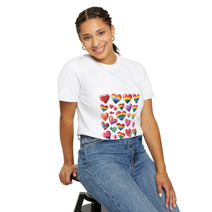 Rainbow Hearts Pride T-Shirt | LGBTQ+ Love & Inclusivity Tee – Vibrant Heart Design