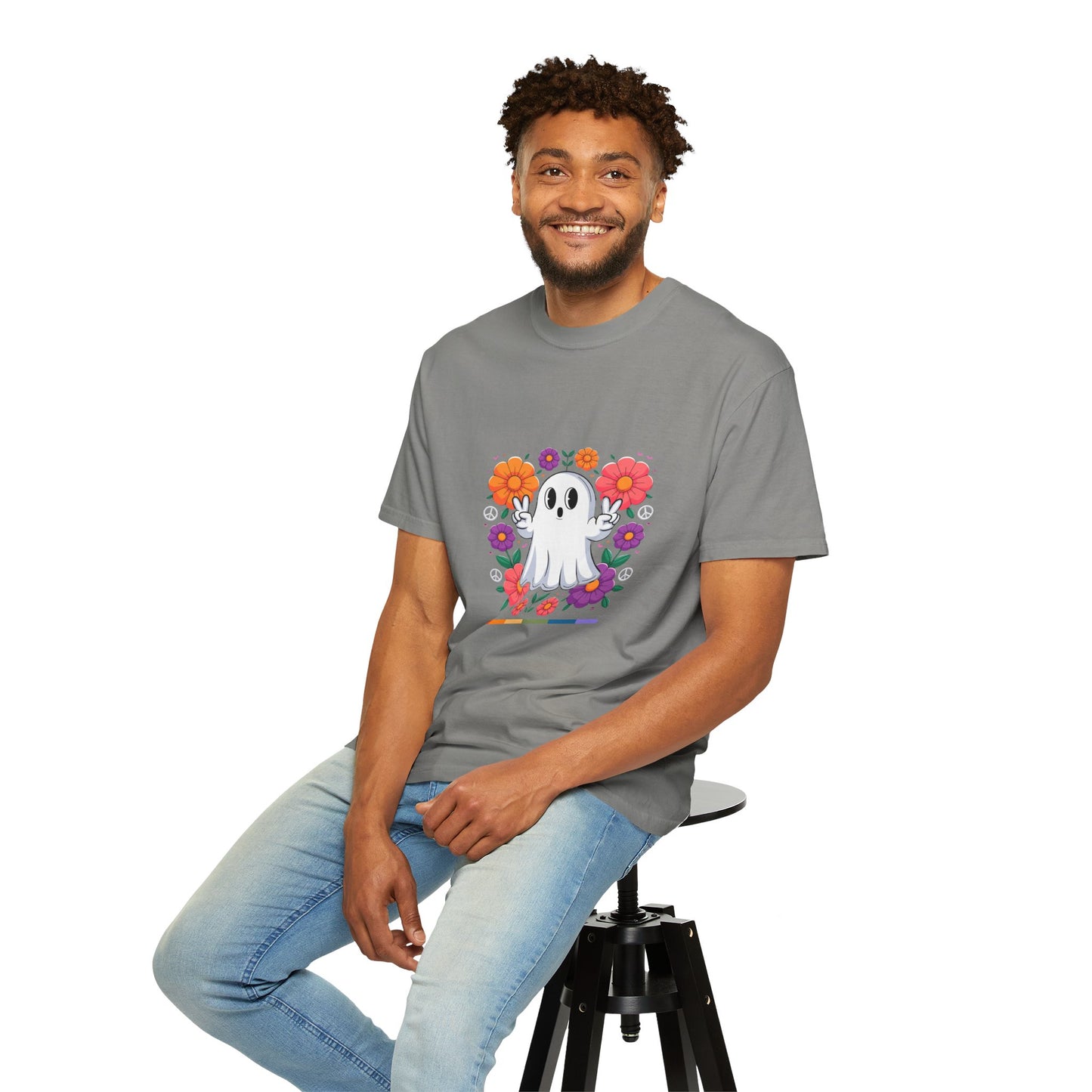 Peaceful Ghost Pride T-Shirt | Groovy Floral Tee – Halloween & LGBTQ+ Love