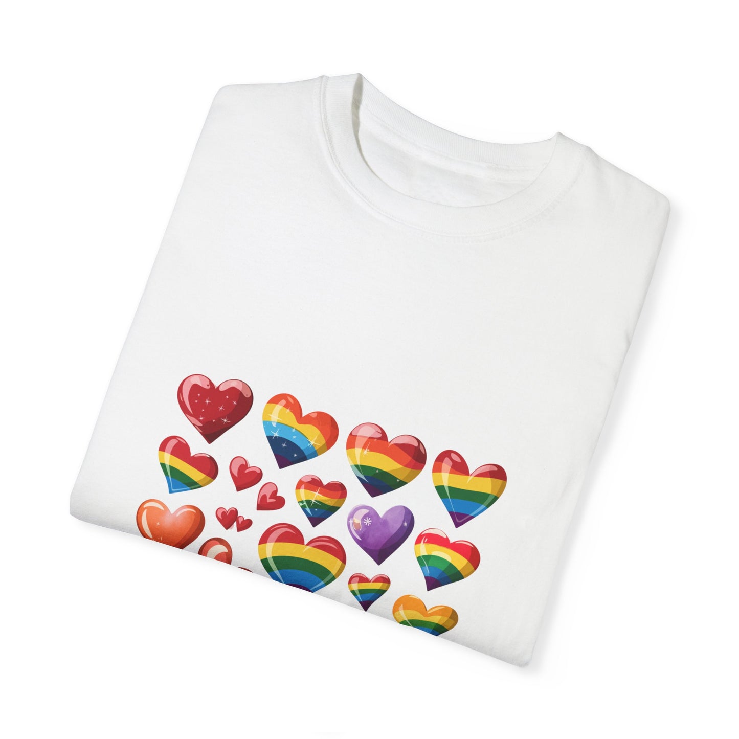 Rainbow Hearts Pride T-Shirt | LGBTQ+ Love & Inclusivity Tee – Vibrant Heart Design