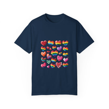 Rainbow Hearts Pride T-Shirt | LGBTQ+ Love & Inclusivity Tee – Vibrant Heart Design